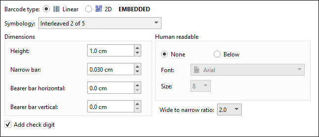 An example configuration for an interleaved 2 of 5 barcode.
